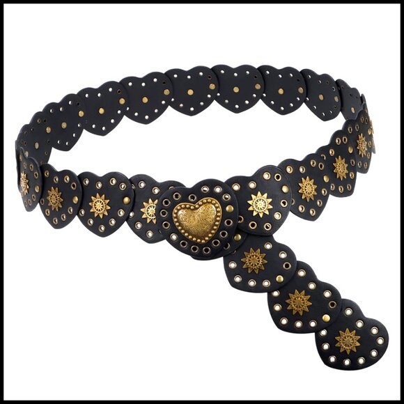 Vintage Western Wide Disc Belt Hollow Heart Buckle Boho Retro Adjustable